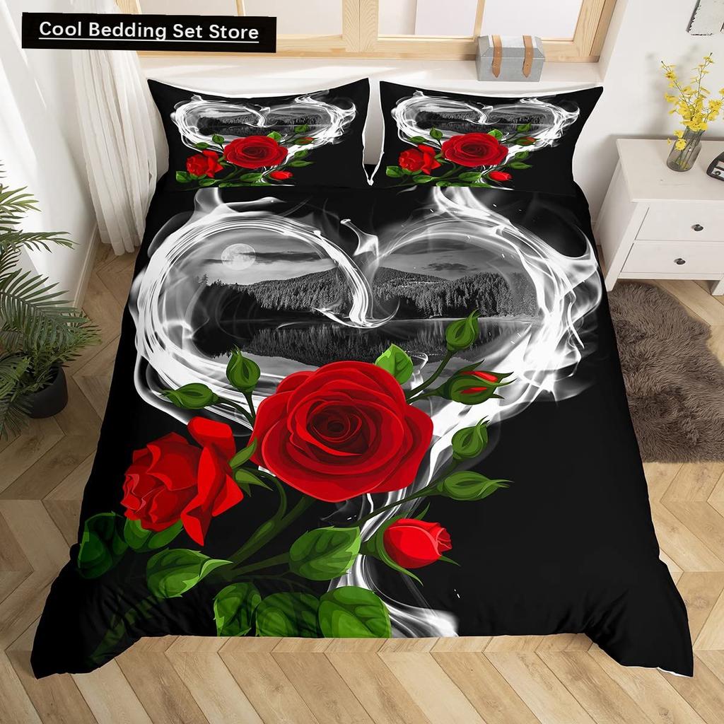 Valentine'S Day Rose King Queen Duvet Cover Red White Floral Bedding Set Romantic Flowers Quilt Cover Polyester Comforter Cover