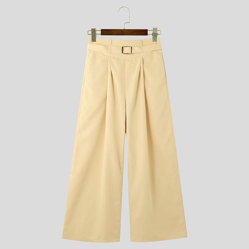 INCERUN Men High Waist Zipper Ruffled Pants Solid Casual Long Trousers Pockets