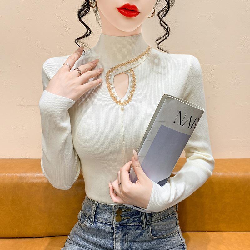 Korean Style Beaded High Neck Knitwear for Women - Long Sleeve, Hollow Out Slim Fit Sweater for Autumn/Winter