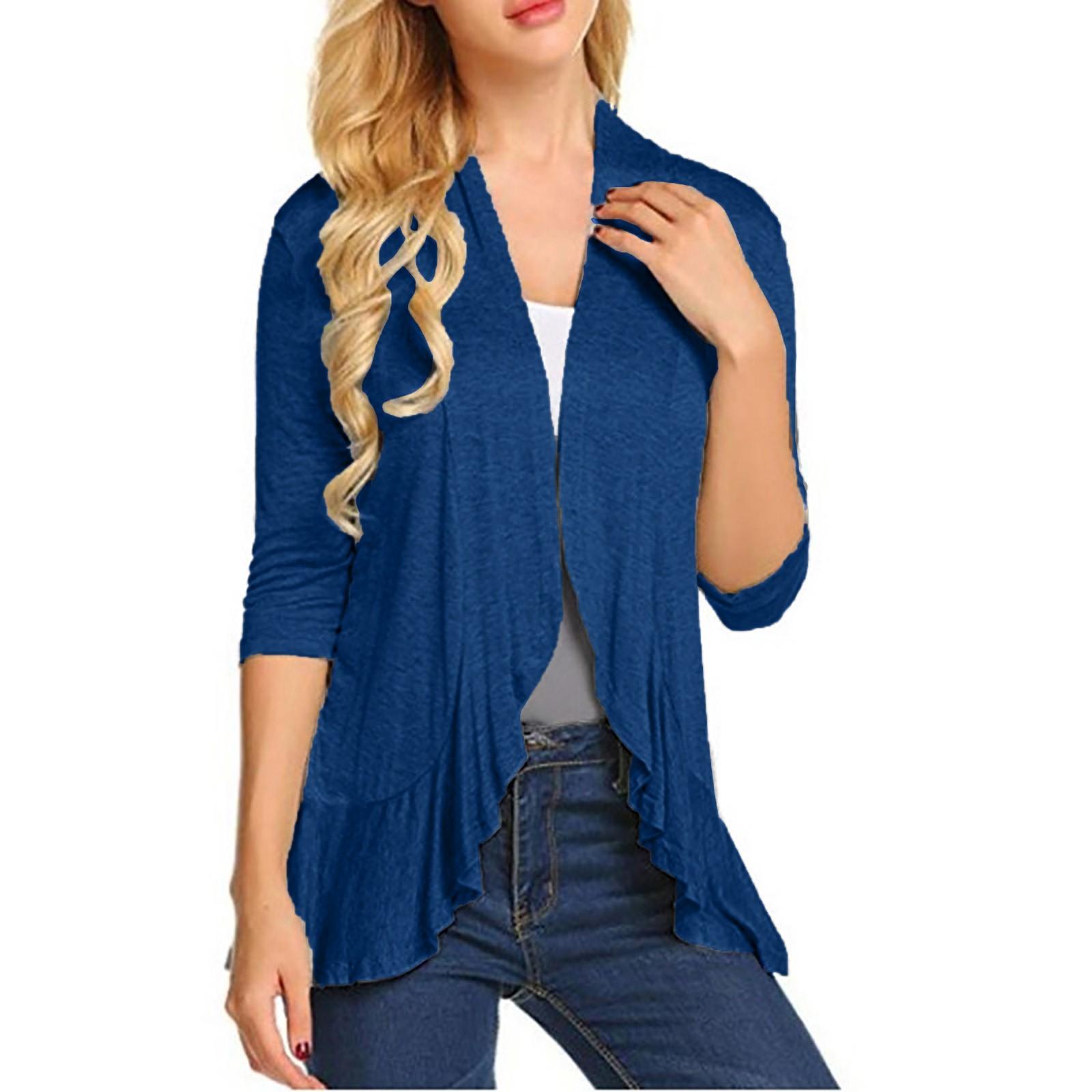 

Женский повседневный кардиган с мягкой драпировкой и рюшами с рукавами три четверти. S тёмно-синий