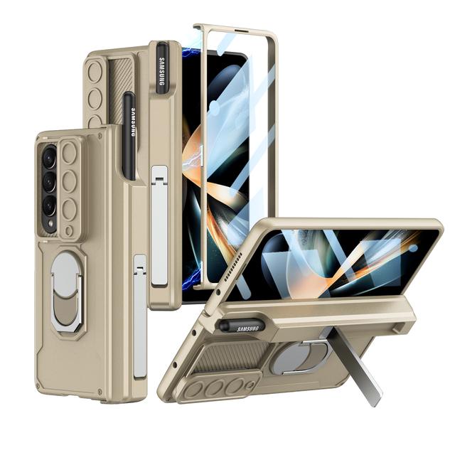 Ebesfous Magnetic Armor Pen Holder Case For Samsung Galaxy Z Fold 4 5g Magnetic Hinged Cases With Front Glass 2 Bracket Lens Cap