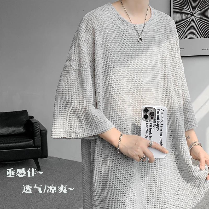 Herren Übergroßes Graues Waffelstrick Rundhals Kurzarm T-Shirt