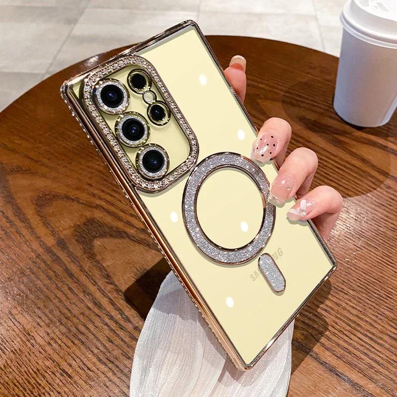 Luxury Sparkly Crystal Clear Case For Samsung Galaxy S24 Plus S23 S22 Ultra Magsafe Magnetic Wireless Charge Lens Film Cover