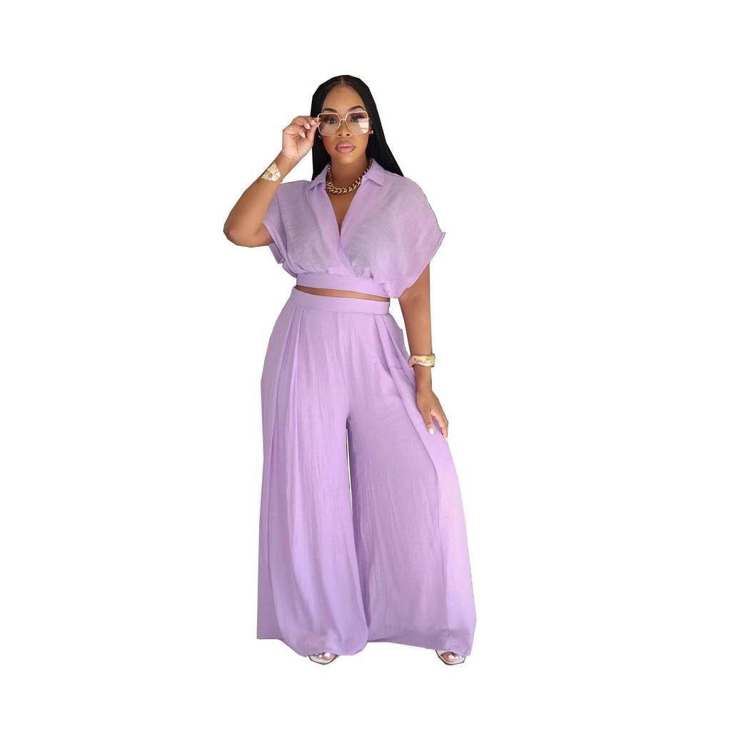 TW716 Trendiges Europäisches & Amerikanisches Plus-Size Lässiges Urlaubs-Revers-Oberteil & High-Waist Weitbeinige Hosen Set
