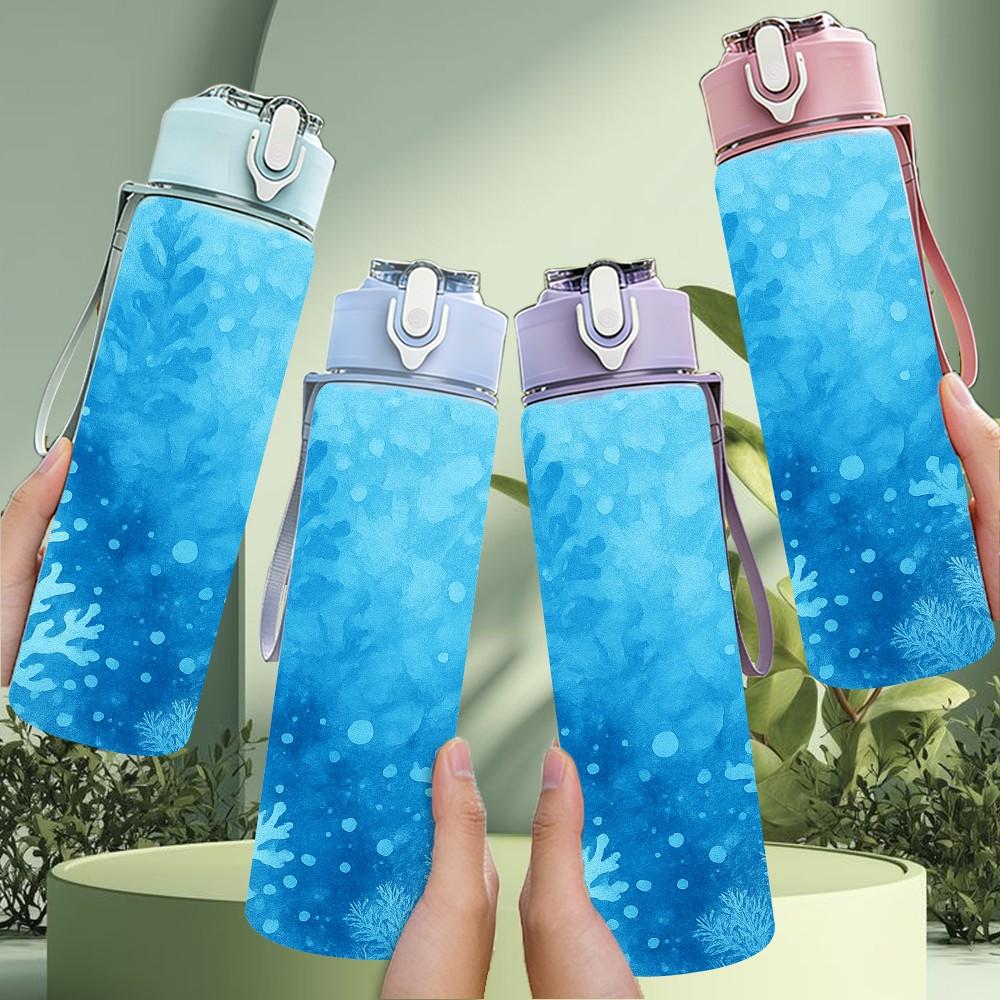 1PC Blue Frost Ice Crystal Texture Print 750ml Color Plastic Sports Water Bottle Leakproof Flip Straw Lid Suitable for Sports Office Home Use