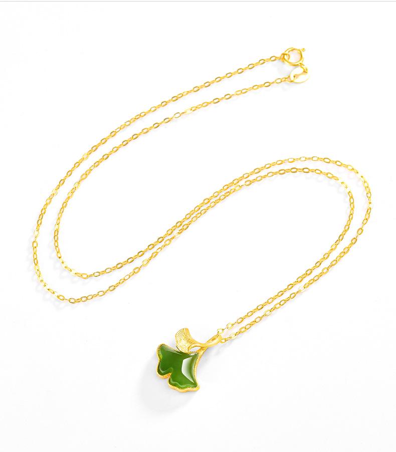 Spinach Green Hetian Jade Ginkgo Leaf Pendant Necklace in S925 Silver for Women