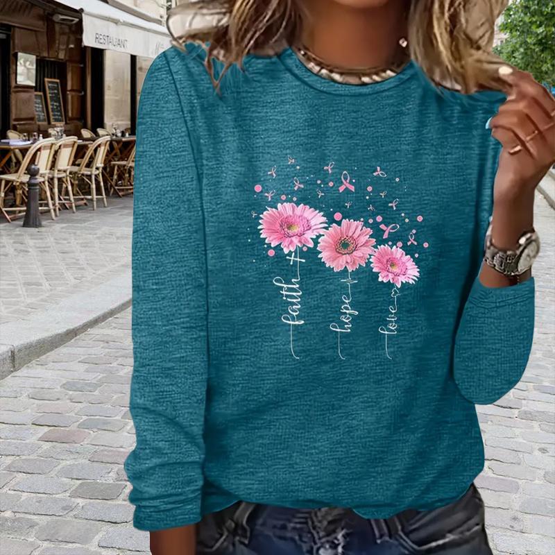 Tops For Women Pink Flowers Print Round Neck Long Sleeve T-shirt Fall Casual Slim Pullover Women's Long Sleeve Top