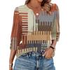 Women's Casual V Neck Loose Fit Three Quarter Sleeve Top with Button Detail on Sleeve and Patchwork Pattern Suitable for Everyday Wear