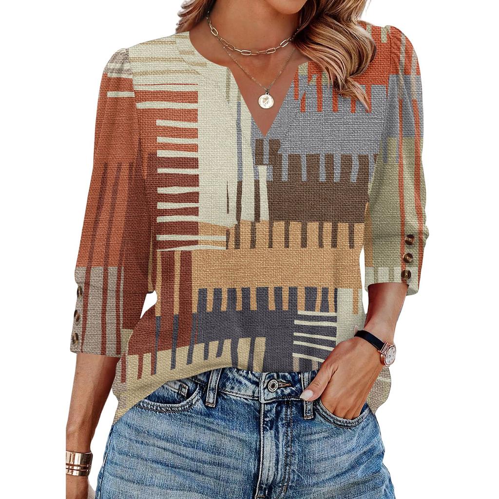 Women's Casual V Neck Loose Fit Three Quarter Sleeve Top with Button Detail on Sleeve and Patchwork Pattern Suitable for Everyday Wear