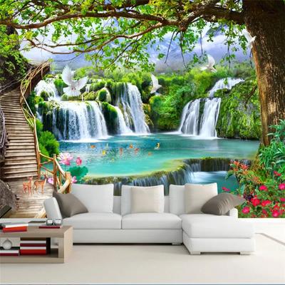 Papel pintado 3d simple casual árbol verde bosque cascada paisaje herramienta pared sala de estar mural anciano 3d
