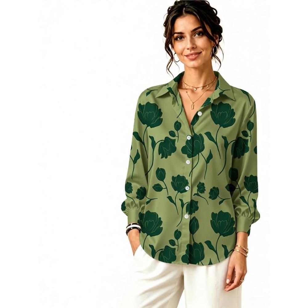 Women Lapel Long Sleeve Green Big Floral Print Shirt, Simple Thin Blouse for Office Work, Daily Wear & Holiday