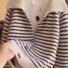 WTEMPO Women's Retro Striped Lapel Long Sleeved Knitted Sweater Loose Sweater Cardigan