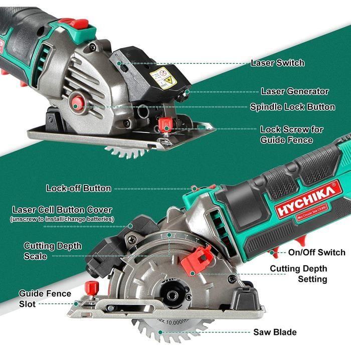 Scie Circulaire - HYCHIKA - 500W - 4500RPM - Profondeur de coupe 0-25mm - Moteur en Cuivre Pur