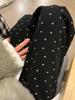 Women's High Waist Black Polka Dot Floral Wide-Leg Trousers with Velvet Lining - Autumn/Winter