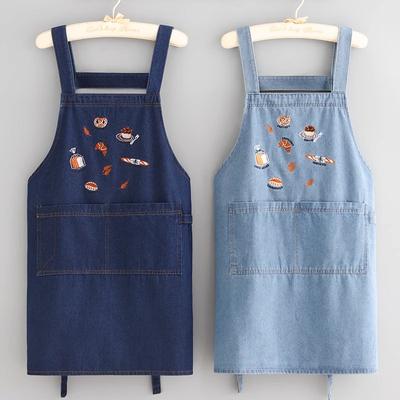 Denim Apron for Women with Embroidery, Vintage Artistic Kitchen Bib, Breathable Adjustable for Baking Cooking, Gift