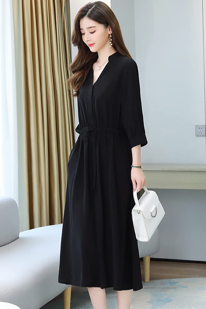 Chubikime Loose Casual Women's Dress, Spring/Summer, 3/4 Sleeve, V-Neck, Long, Midi, A-Line, Black, Slimming, Fit, Formal, Commuting,