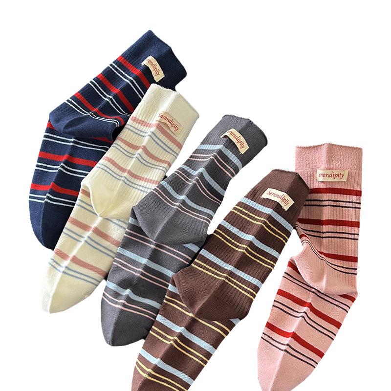 Retro Color-blocking Striped Socks for Women, Mid-calf Socks In Autumn, Trendy Letter-label Pile Socks, Boneless Socks