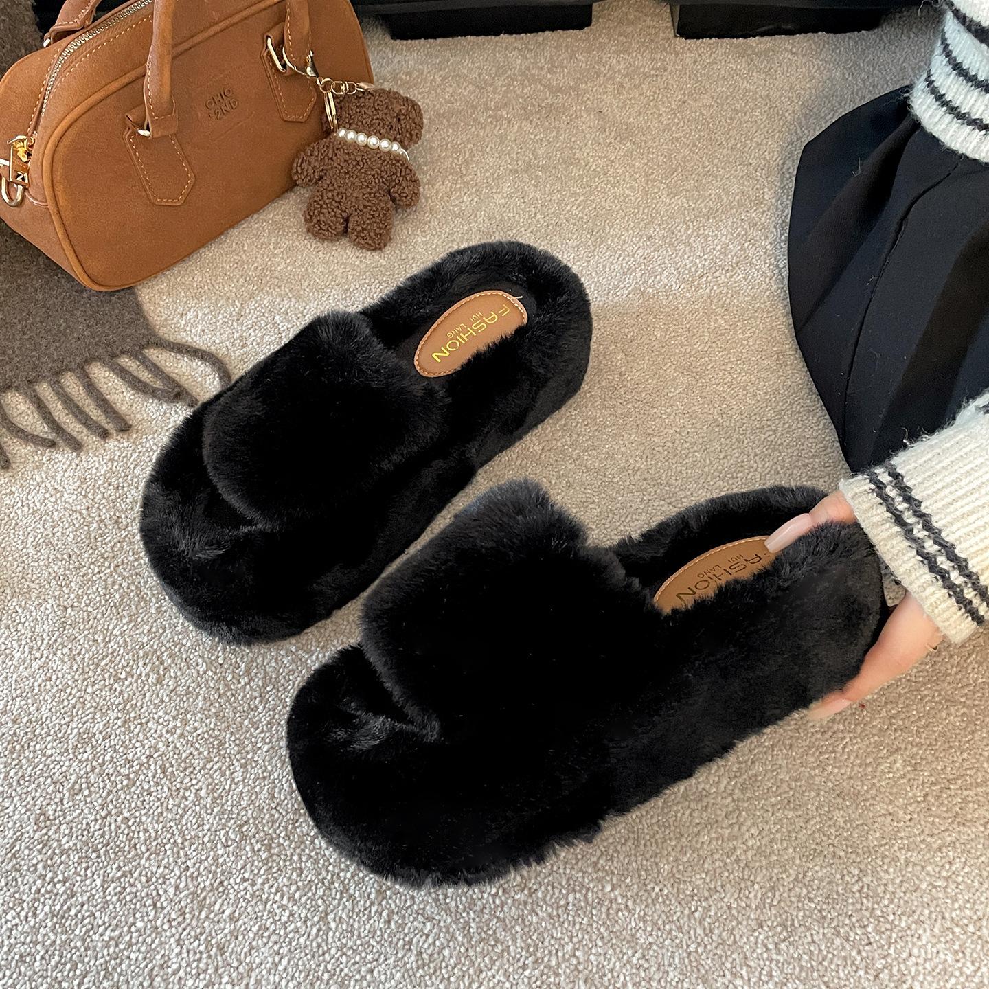 

Queen Fan White French Thick-soled Fluffy Slippers Women s Outwear 2025 New Autumn and Winter Skirt Cotton Slippers 34 чёрный