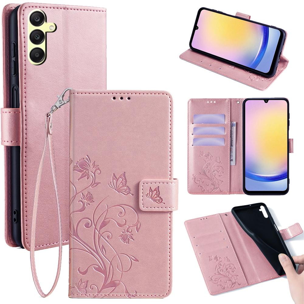 For Samsung Galaxy A25 5G (Global) (161.0 x 76.5 x 8.3mm) Etui Sommerfugl Blomst PU Lær Telefon Folio Cover