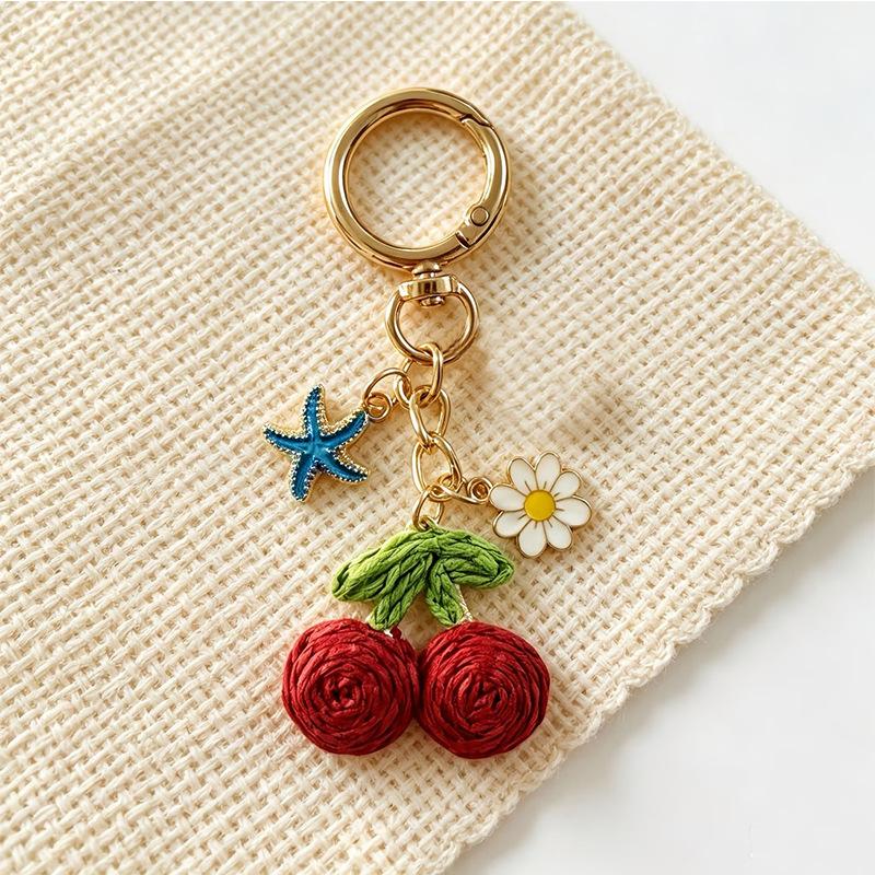 Handwoven Cherry And Starfish Pendant Women'S Beach Bag Decor Keyring Vacation Bohemian Keychain Jewelry Accessories