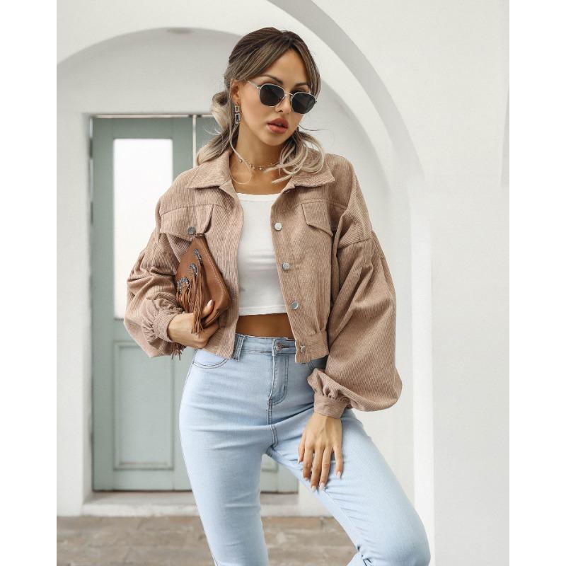 Podzim a zima ležérní klopa Styl BF Manšestrová bunda Lucerna rukáv Jednořadý Krátký kabát Dámské Elegantní Jednobarevné Nový styl