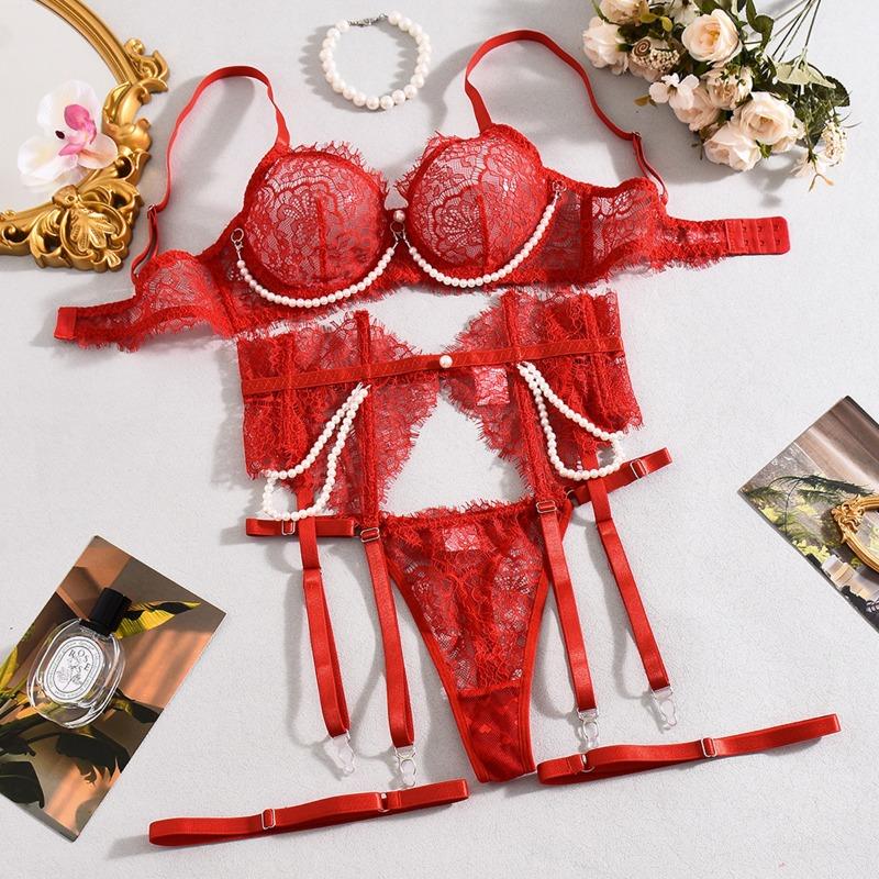 Valentine Lingeries Sexy Hot Elegant Pearl Decor Willowy Bra Belt Thong Lingerie Sets With Leg Circles Attractive Fishbone Sets