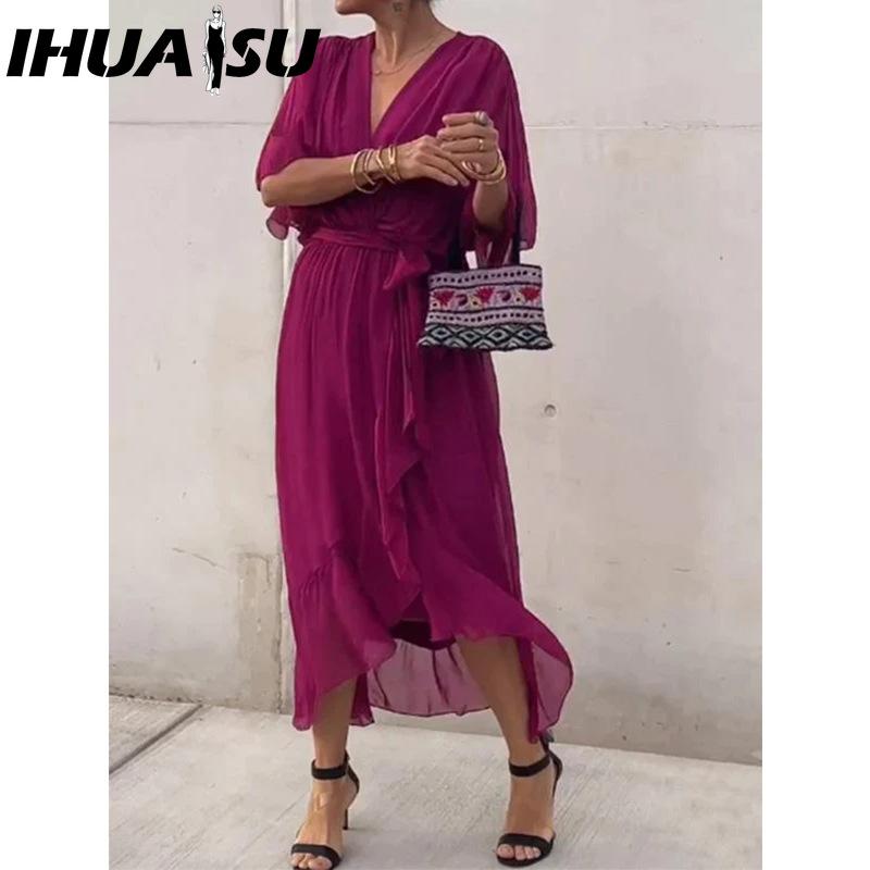 

IHUASU Женская мода Лето Весна Однотонный принт V-образный вырез Завышенная талия Повседневные платья XXXXXL фуксия