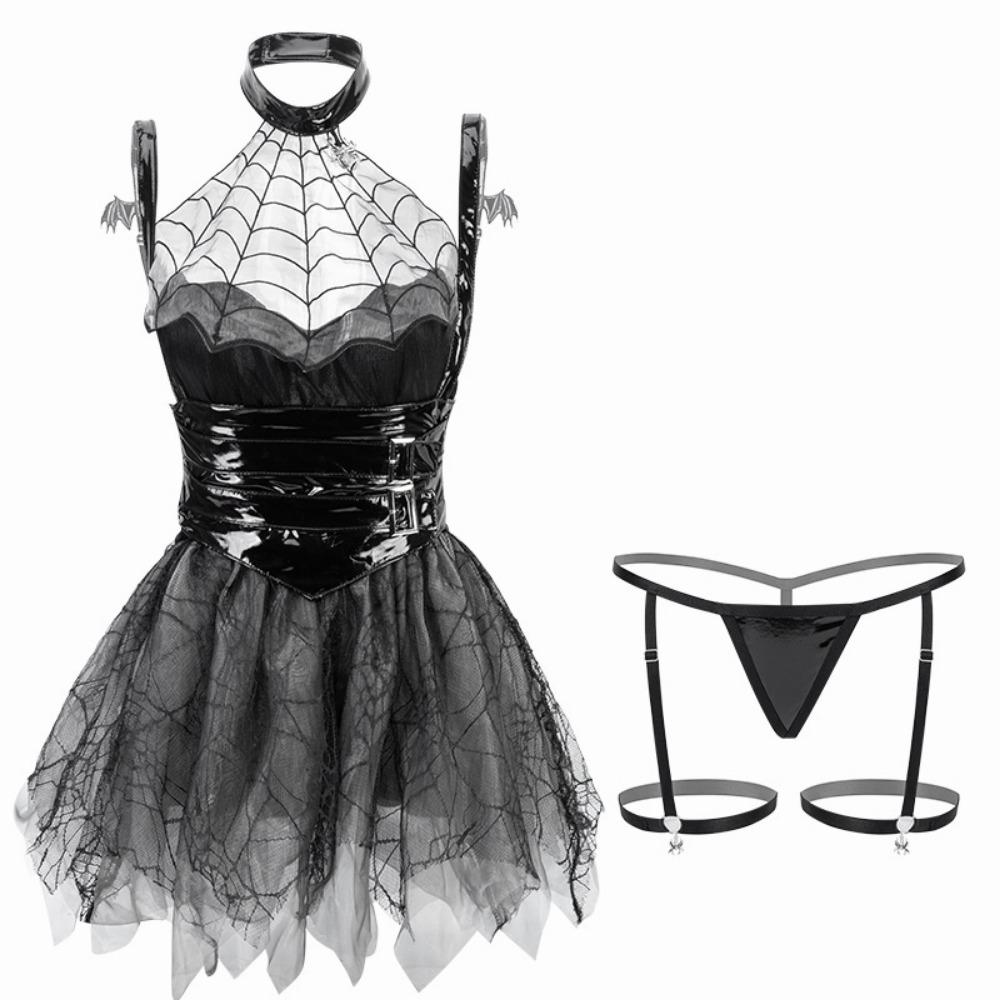 Domila Sexy Lingerie Sexy Perspective Soft Yarn Spider Little Devil Patent Leather Waist Bra Uniform Set