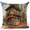 Cartoon Straßenecke Leinen Kissenbezug Japan Architekturstil Heimdekoration Wohnzimmer Sofa Dekokissen Hülle 45x45cm