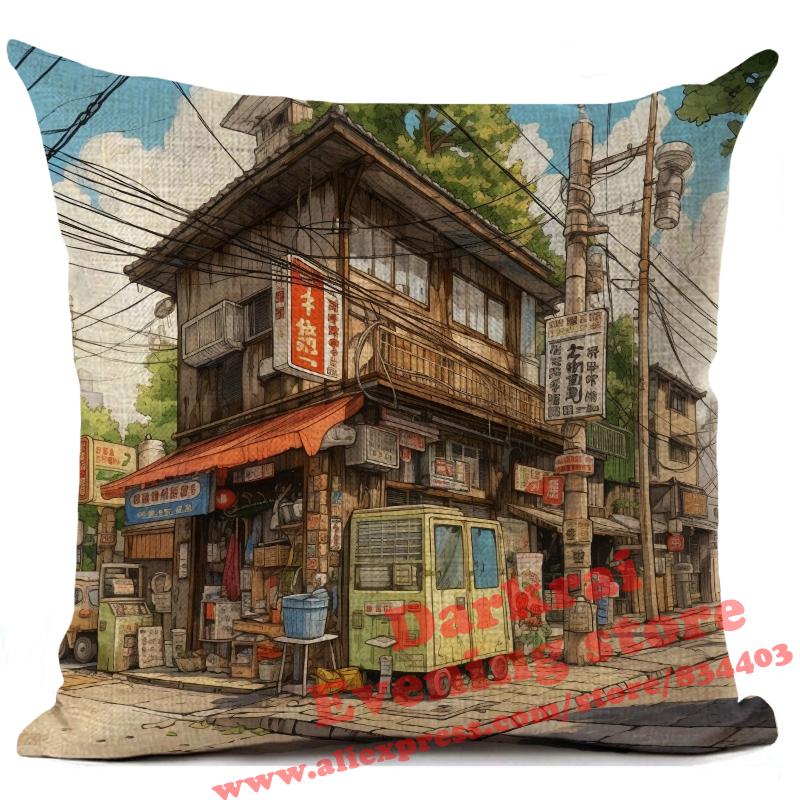 Cartoon Straßenecke Leinen Kissenbezug Japan Architekturstil Heimdekoration Wohnzimmer Sofa Dekokissen Hülle 45x45cm
