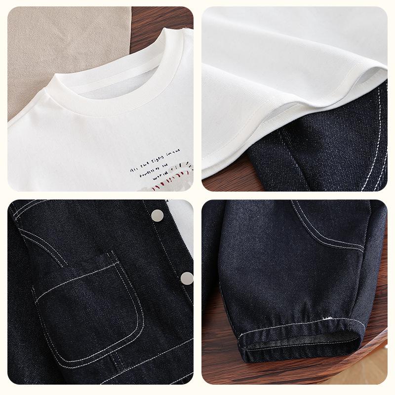 2025 Spring & Autumn Korean Style Trendy Kids' Denim Jacket and Wide-Leg Pants Fashion Three-Piece Set