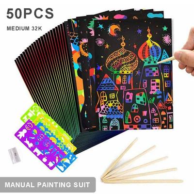 4pc Magic Scratch Art Painting Paper With Wooden Drawing Stick Kid Adult DIY Toy