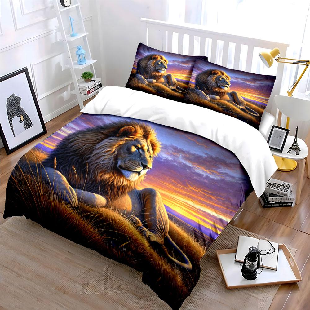 Relaxing Lion, Sunset Background. Bedding Sets Duvet Cover Sets Duvet Covers Pillowcases(1*Duvet Cover 2*Pillowcases Without Duvet Insert)