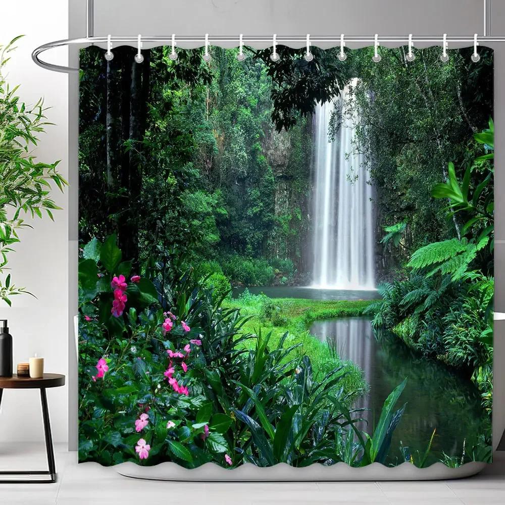 Outdoor Scenic Forest Waterfall Shower Curtain Tropical Jungle Plants Green Leaves Natural Landscape Fabric Shower Curtain Decor