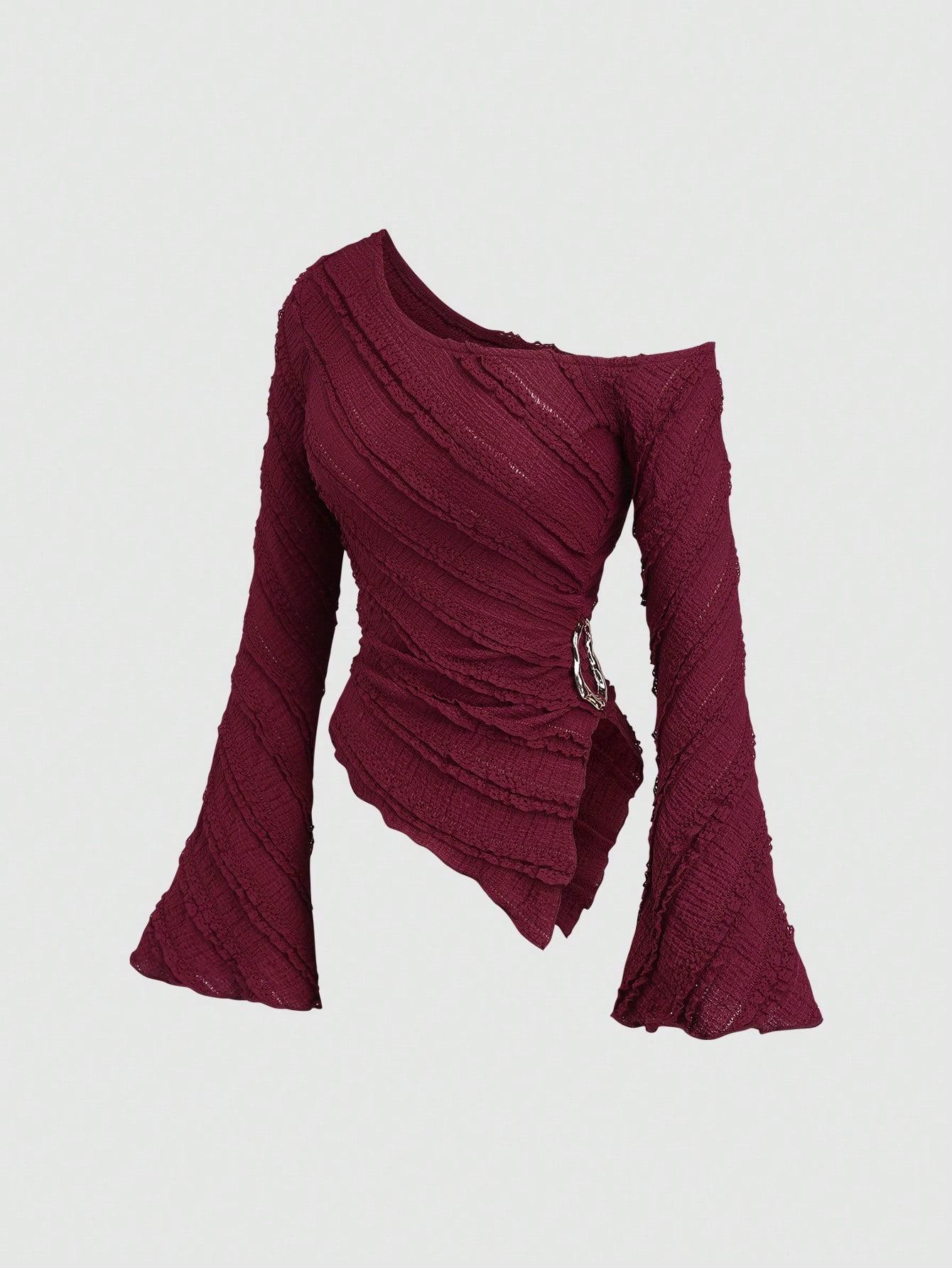 Jacquard Knit Backless Lace-up Long Sleeve Vacation Top - Women s Sexy T-shirt 2026 Large красный