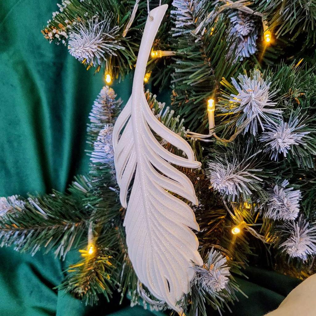 Pendant Decoration Feather Ecru Glitter