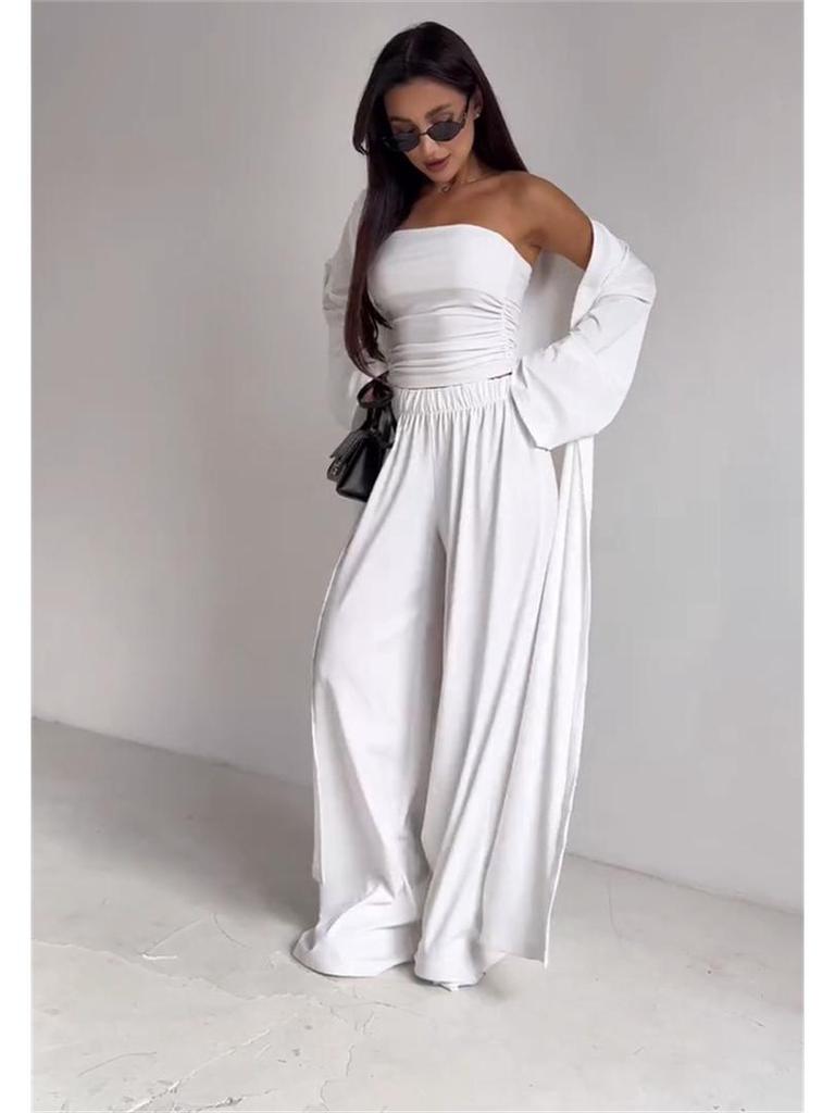 2025 Summer Women’s Strapless Vest, Long Cardigan, and Wide-Leg Pants Set