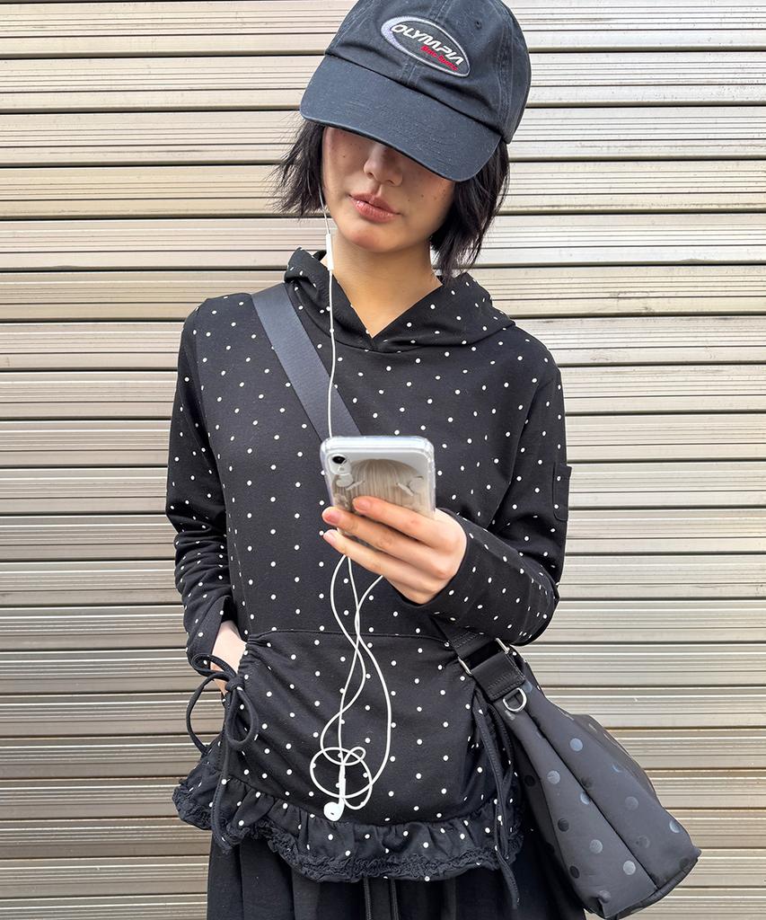 Frill Ribbon Hoodie Black Dot