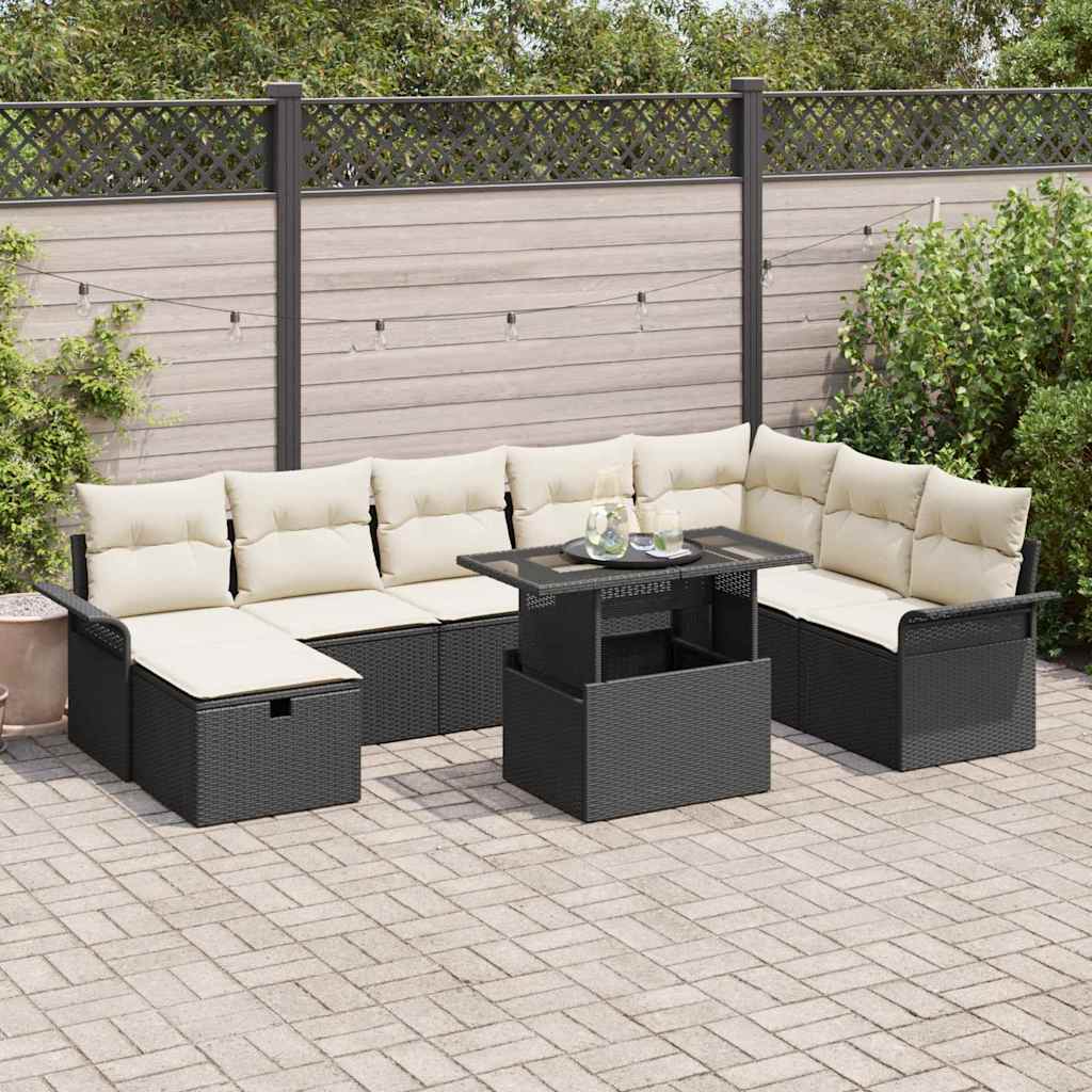 Garden Sofa Set with Cushions 9 pcs Black Poly Rattan