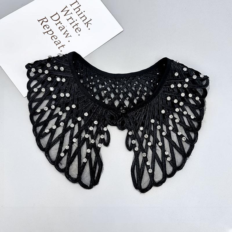 

Ажурная вышитая шаль молочного цвета с бусинами для ногтей, черная и белая, с бахромой, сделай сам, декоративный аксессуар для одежды, фальшивый воротник 1pc
