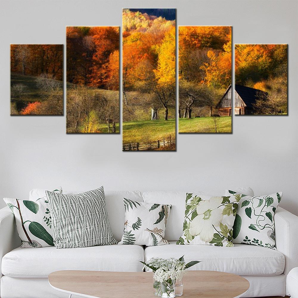 5 Piece Canvas Wall Arts Poster Painting Fall Barns Nature Forest Grass Hill Landscape Modular Home Decor Picture Print Bedroom No Frame