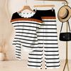 Women Plus Size Two Piece Pants Set Round Neck Short Sleeve Striped Printed Knot Hem Top Long Pants
