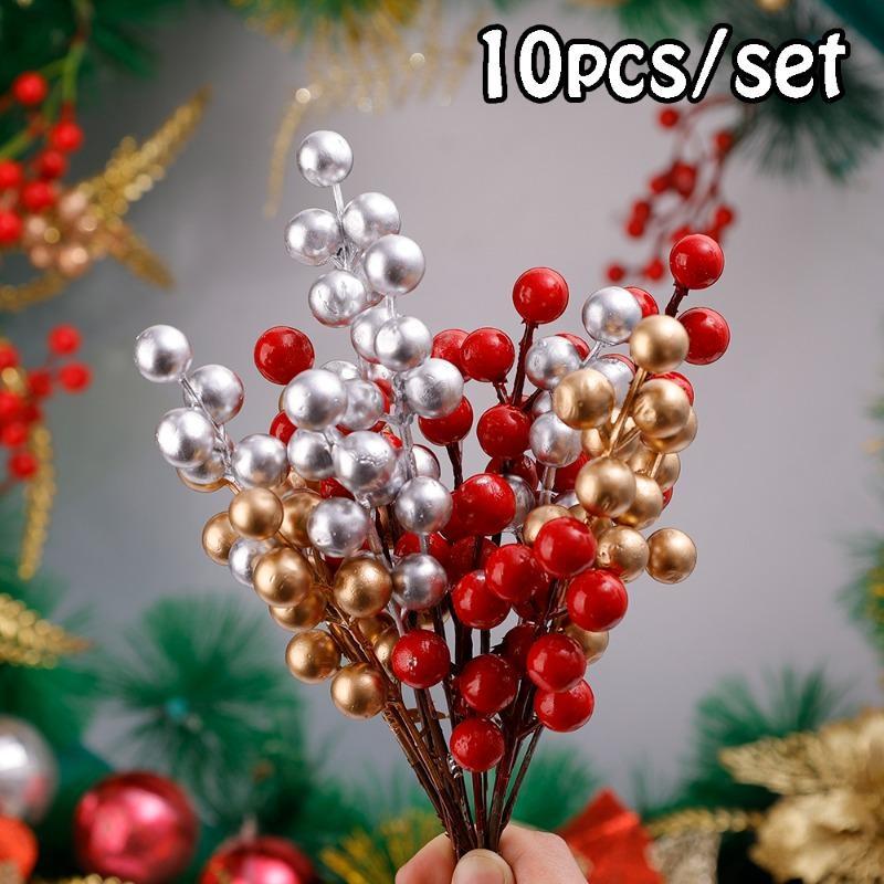 10pcs Artificial Holly Berry Christmas Decor Wire Bundle Garland Wreath Christmas New Year Fake Red Berries for Wreath DIY Home Decor