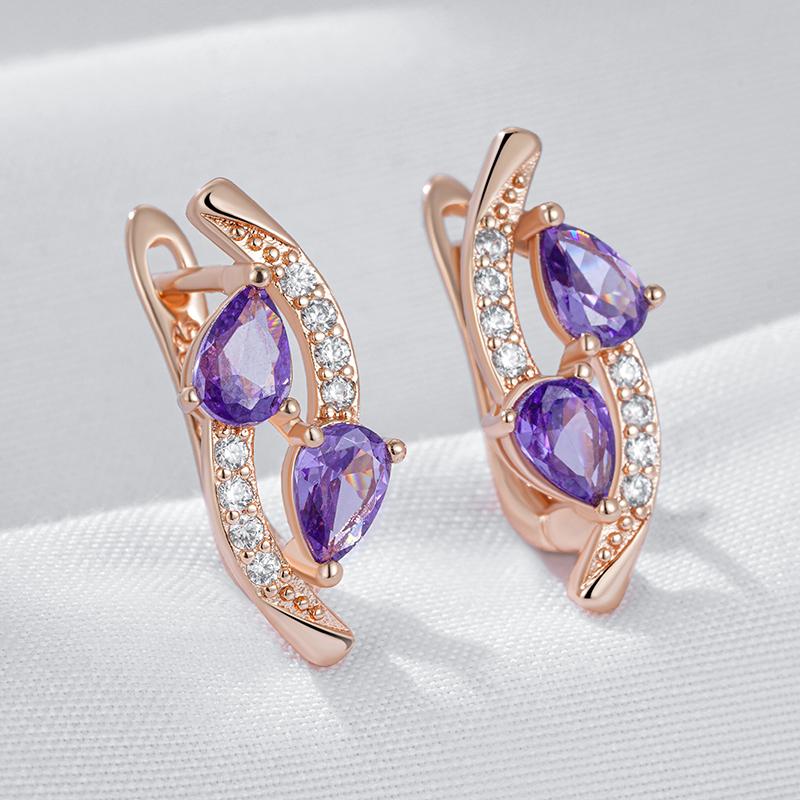 Shiny Purple Natural Zircon Drop Earrings For Women Trend  Rose Gold Color Bride Wedding Fine Jewelry Crystal Gift