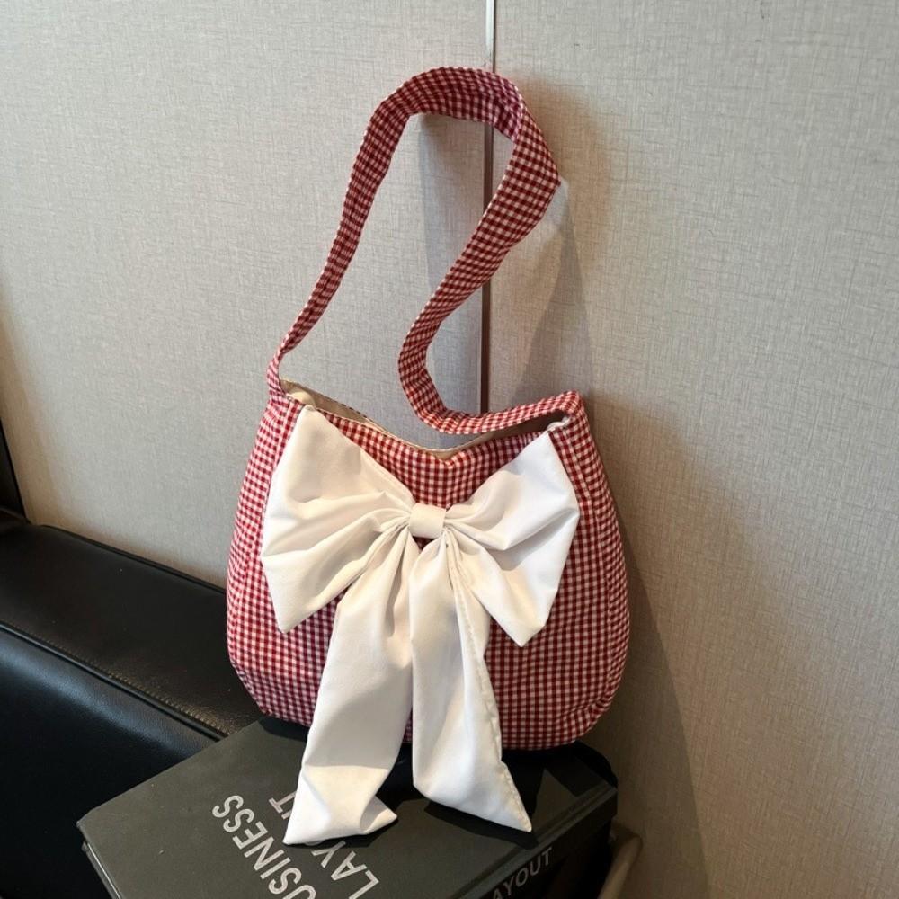 Lattice Bow Shoulder Bag Japanese Style Canvas Tote Bag Portable Plaid Shoulder Bag  Girl