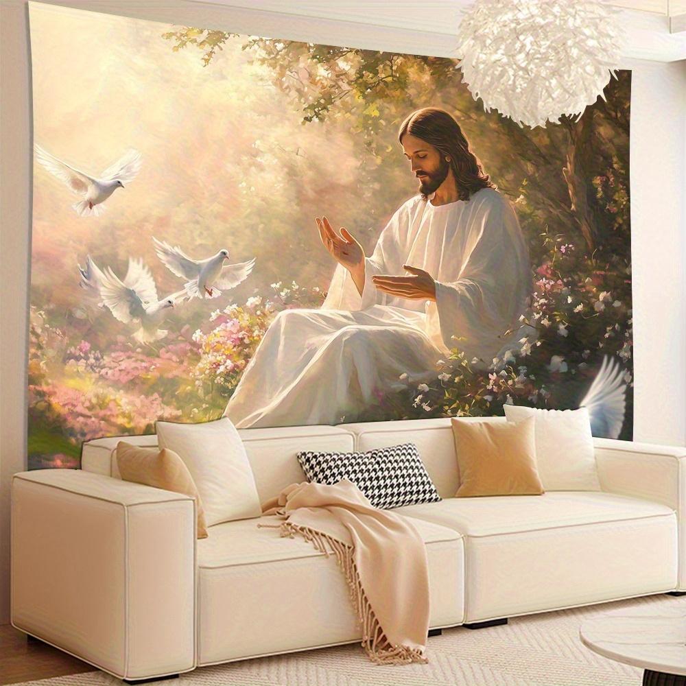 Jesus with Doves Tapestry Serene Garden Wall Art for Bedroom or Living Room Large Decorative Hanging Add Spiritual Peace