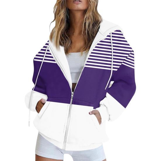 Women Fall Winter Hoodie Jacket Zipper Closure Loose Casual Striped Coat with Pockets Drawstring Hooded Long Sleeves Top