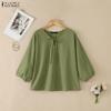 ZANZEA Vintage Womens V Neck Tie Front Blouse with 3/4 Puff Sleeve Casual Loose Tunic Tops