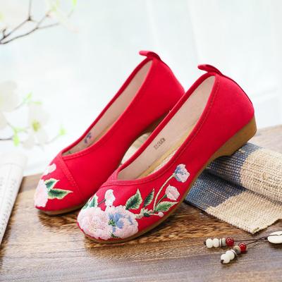 Scarpe di stoffa ricamate da donna in stile etnico con suole in pelle bovina, tacco basso e scollatura bassa - Perfette per la primavera e l'autunno.