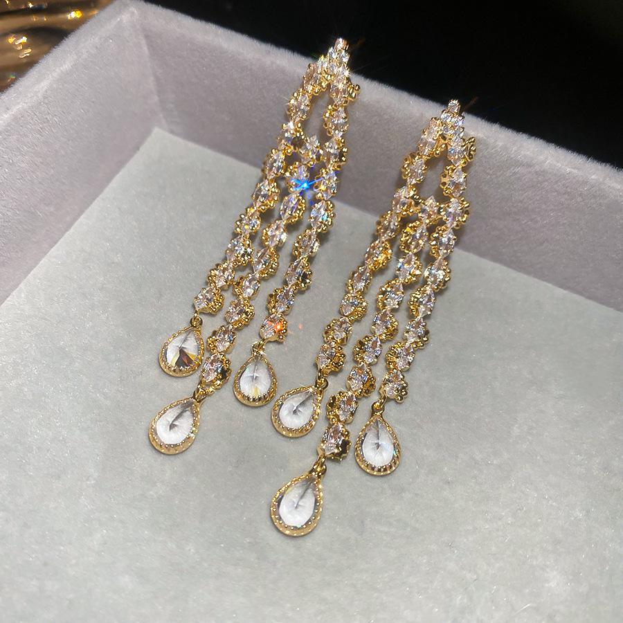 Silver Needle Geometric Zirconia Water Drop Tassel Earrings - Luxury High-End Style Niche Fashion Stud Accessories